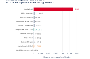 Graphique en barres comparant le chèque moyen versé par la PAC en 2024 : 2,7 millions d'euros pour une structure de l'agro-industrie contre 21 700 euros pour un agriculteur individuel.